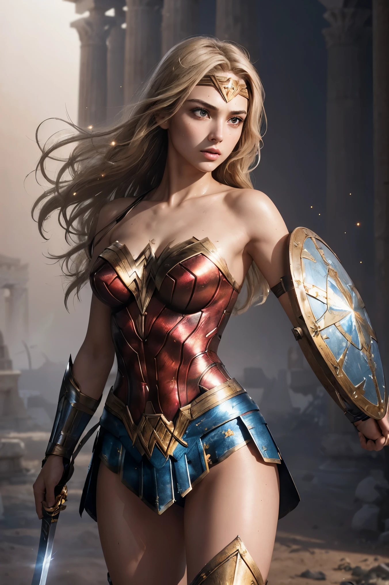 1girl, solo, looking at viewer, (young cute beautiful 18-year-old girl:1.4), 3d face, beautiful girl, Beautiful face, pretty, girl face, , supermodel, stunning innocent symmetry face, perfect body, medium breast, slim waist, slim legs, (high detailed skin:1.4), glowing eyes, goddess, natural skin texture, shiny skin, White skin, Beautiful detailed face, detailed face, real skin texture, cute delicate face, finely detailed face, golden ratio, golden ratio face, expressive eyes, perfect face, perfect skin, flawless face, clear face, shiny hair, pale skin, Proper body proportion, perfect anatomy, realistic skin texture, luscious lips, glossy lips, natural makeup, beautiful bright pupils, slender figure, intricate eyes, detailed pupils, detailed face and eyes, long eye lashes, blush, good hand, perfect hands, pretty face, beautiful female bodies, finely detailed skin, oily shiny skin, BREAK, (((((Amazones, (ww, wonder woman, blond hair, brown eyes:1.4), (holding weapon, hold a shield, sword, Wielding a golden lasso, dual wielding, fighting stance, battle, adventurous look:1.4), (messy hair, iridescent colors, blush, mysterious, fantasy background, fantasy, scenery, plants, open mouth:1.2), (highly detailed worn metal texture:1.2), (floating colorful sparkles, light is shining, dust is drifting, fog, wind:1.2), (rust, dirt, dust, scratches, abrasions on the metal texture:1.2), (fly:1.4), (Luminescent Particles:1.3), (greek temple background, ember, battlefield,