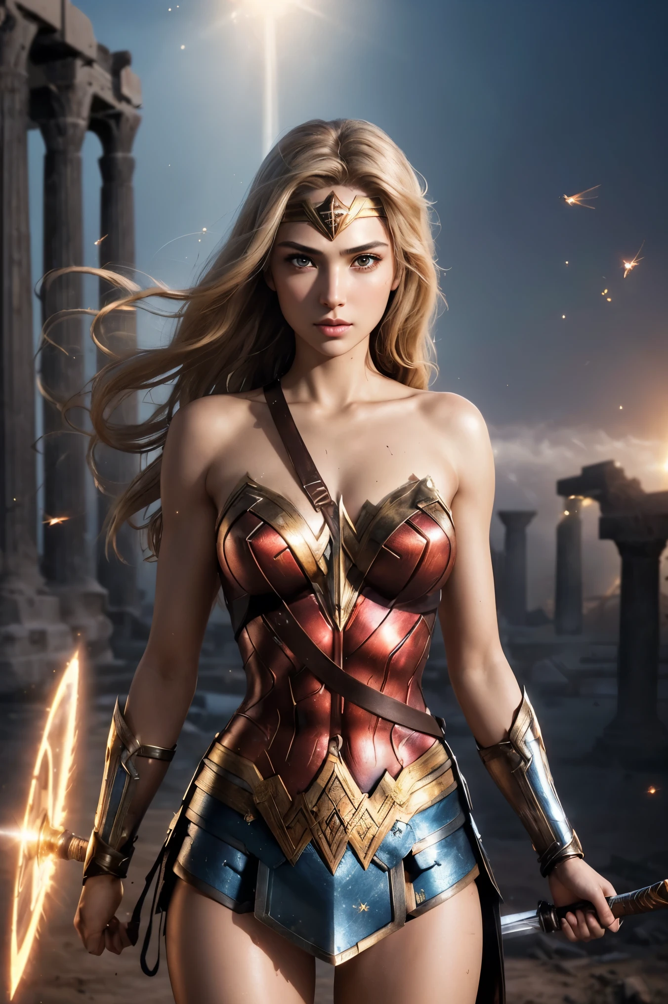 1girl, solo, looking at viewer, (young cute beautiful 18-year-old girl:1.4), 3d face, beautiful girl, Beautiful face, pretty, girl face, , supermodel, stunning innocent symmetry face, perfect body, medium breast, slim waist, slim legs, (high detailed skin:1.4), glowing eyes, goddess, natural skin texture, shiny skin, White skin, Beautiful detailed face, detailed face, real skin texture, cute delicate face, finely detailed face, golden ratio, golden ratio face, expressive eyes, perfect face, perfect skin, flawless face, clear face, shiny hair, pale skin, Proper body proportion, perfect anatomy, realistic skin texture, luscious lips, glossy lips, natural makeup, beautiful bright pupils, slender figure, intricate eyes, detailed pupils, detailed face and eyes, long eye lashes, blush, good hand, perfect hands, pretty face, beautiful female bodies, finely detailed skin, oily shiny skin, BREAK, (((((Amazones, (ww, wonder woman, blond hair, brown eyes:1.4), (holding weapon, hold a shield, sword, Wielding a golden lasso, dual wielding, fighting stance, battle, adventurous look:1.4), (messy hair, iridescent colors, blush, mysterious, fantasy background, fantasy, scenery, plants, open mouth:1.2), (highly detailed worn metal texture:1.2), (floating colorful sparkles, light is shining, dust is drifting, fog, wind:1.2), (rust, dirt, dust, scratches, abrasions on the metal texture:1.2), (fly:1.4), (Luminescent Particles:1.3), (greek temple background, ember, battlefield,