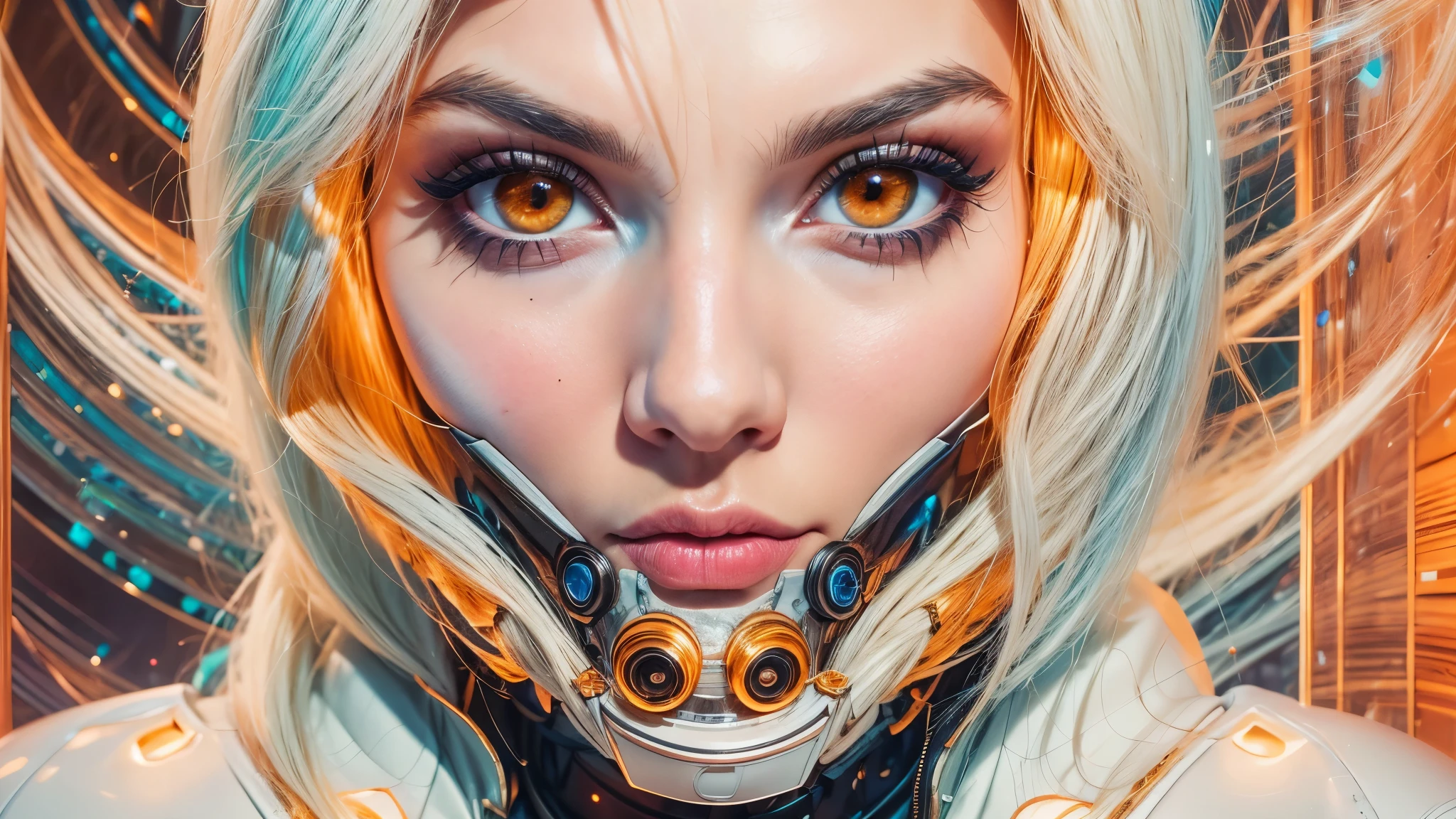 arafed image of a white woman in a futuristic suit with a spaceship in the background, movie art, in front of an orange background, inspired by Robert McGinnis, female protagonist, megastructure in the background, portrait of an ai astronaut, astronauts, an astronaut, portrait of a astronaut skeletor, perfect android girl, detailed eyes, perfectly detailed teeth, frank franzzeta and sakimichan