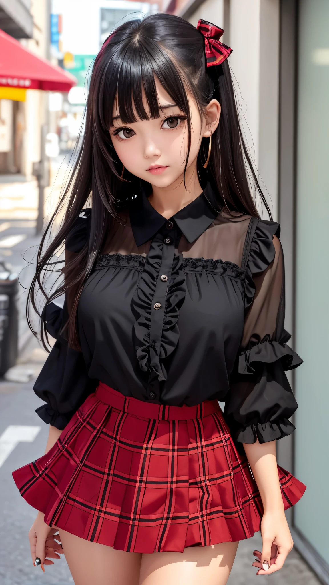 Detailed face、highlight、girl、thigh、breast enhancement、black髪、Heavy bangs、(Ruffled shirt、)(Checked mini skirt、red、black、)