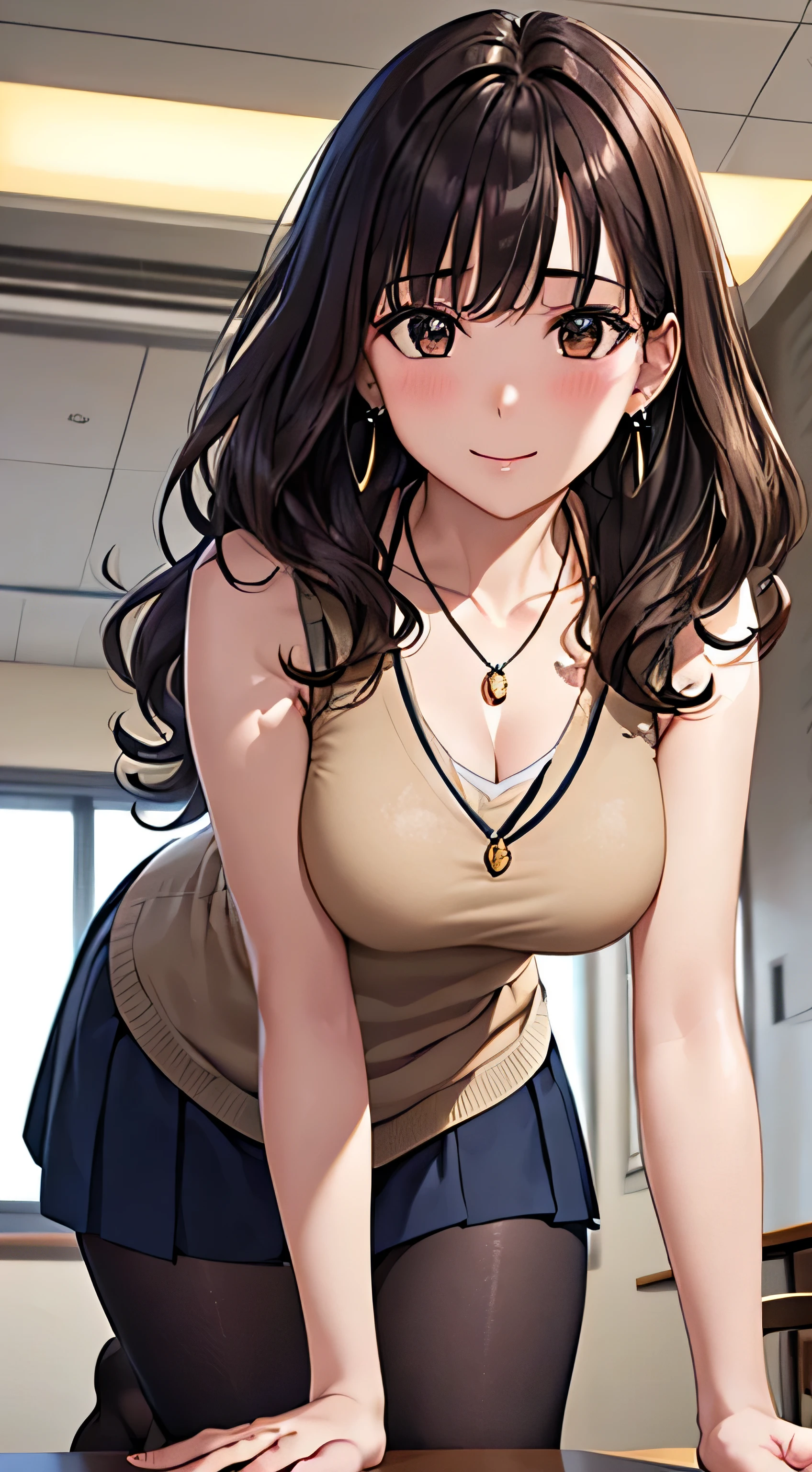 (Tabletop, highest quality, High resolution, , Perfect Pixel, 4K,), 1 girl, single, alone, Beautiful woman、I could see the whole body、 ((Wavy mid-length hair, bangs, Brown Hair)), ((Brown eyes, Beautiful eyelashes, Realistic eyes)), ((Detailed face, blush:1.2)), ((Smooth texture:0.75, Realistic texture:0.65, Realistic:1.1, Anime CG Style)), Medium Chest, Dynamic Angle, Perfect body, female teacher、((, Beige sleeveless sweater、Dark Blue Long Pleated Skirt、Black Stockings、Cute Necklace、Earrings、)), look up、A shy smile、Accentuate your breasts、Put your hands behind your back、Leaning forward significantly、)、Angle from below、classroom、、、