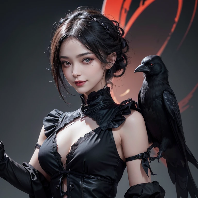 Dark fantasy,windy weather, real raven、 ((highest quality、masterpiece、8k、best image quality、ultra high resolution、Award-winning work)、(accurate anatomy:1.1)、(look at me and smile:1.1)、Shining fair skin with ultra high resolution、most detailed face、ultra high resolution detailed face、grey short hair flowing 、Beautiful face drawn in every detail、(blurred background:1.1)、 red and black gothic punk fashion, modest breast , real crow on the shoulder 