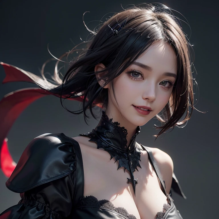 Dark fantasy,windy weather, real raven、 ((highest quality、masterpiece、8k、best image quality、ultra high resolution、Award-winning work)、(accurate anatomy:1.1)、(look at me and smile:1.1)、Shining fair skin with ultra high resolution、most detailed face、ultra high resolution detailed face、grey short hair flowing 、Beautiful face drawn in every detail、(blurred background:1.1)、 red and black gothic punk fashion, modest breast , real crow on the shoulder