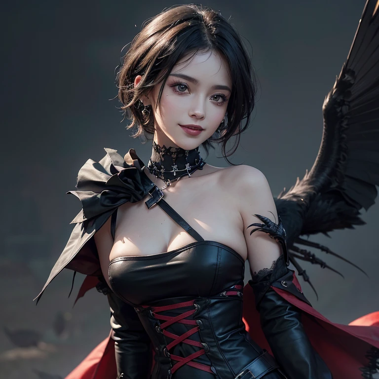 Dark fantasy,windy weather, real raven、 ((highest quality、masterpiece、8k、best image quality、ultra high resolution、Award-winning work)、(accurate anatomy:1.1)、(look at me and smile:1.1)、Shining fair skin with ultra high resolution、most detailed face、ultra high resolution detailed face、grey short hair flowing 、Beautiful face drawn in every detail、(blurred background:1.1)、 red and black gothic punk fashion, modest breast , real crow on the shoulder 