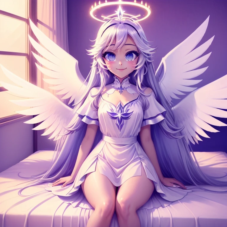 anime girl with angel wings sitting on a bed in a room, posiblemente un angel, angelical purity, of an beautiful chica Angel, glowing angelical being, angelical, angelical and unsettling, Commission CO, chica Angel, angelicalal, majestic full body angel, an angel of dawn light, ella tiene ojos blancos!!!, angelical halo, sonriendo como una reina de hadas, Focus feet.