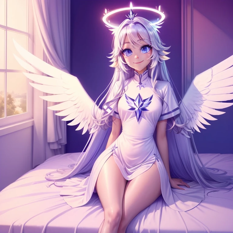 anime girl with angel wings sitting on a bed in a room, posiblemente un angel, angelical purity, of an beautiful chica Angel, glowing angelical being, angelical, angelical and unsettling, Commission CO, chica Angel, angelicalal, majestic full body angel, an angel of dawn light, ella tiene ojos blancos!!!, angelical halo, sonriendo como una reina de hadas, Focus feet.