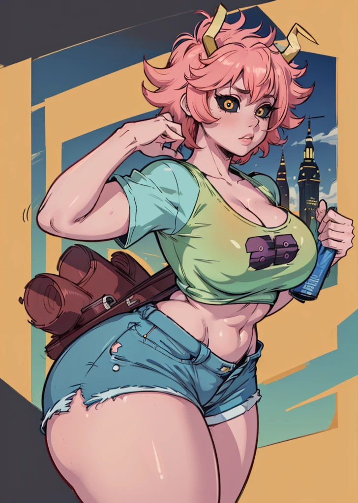 (melhor qualidade:1.3), (Qualidade 4K), 1 mulher madura, Mina Ashido de boku no hero, ((rosto detalhado)), (corar), cidade, (Shorts), big ass, roupa de coelho sexy