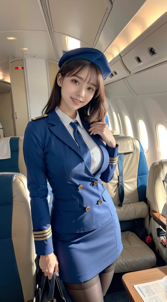 (8K, best quality, masterpiece:1.2), (realistic, photo-realistic:1.37), (high color saturation:1.0), (highly detailed skin), (highest quality:1.0), (ultra high resolution:1.0) ,(realistic:1.0), (Super detailed:1.0), (8K, Raw photo:1.1)、standing random pose, smiling, natural breast, perfect lighting, 3girls, 24years old, (mysterious), clear and detailed, ((ANA_Cabin Crew, blue flight attendant_uniform)), beige pantyhose, (aircraft, aircraft seats), cute face, squat and pick up pen,