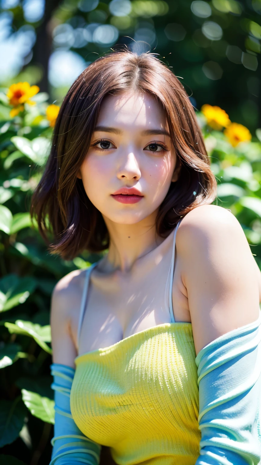 (best quality,4k,8k,highres,masterpiece:1.2),ultra-detailed,(realistic,photorealistic,photo-realistic:1.37),bright sunny day,girl with flowers,lush green garden,pastel color palette,vibrant colors,soft natural lighting