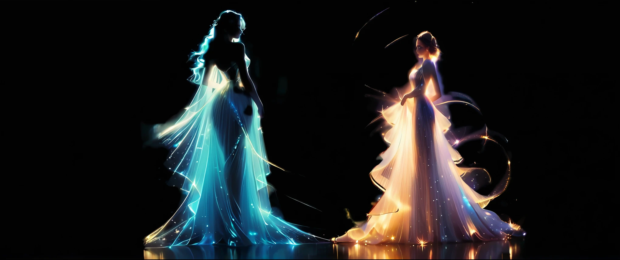 there are two women in dresses that are glowing in the dark, beautiful gemini good and evil, beautiful digital art, beautiful gorgeous digital art, gorgeous digital art, very beautiful digital art, beautiful digital artwork, light effect. feminine, digital art fantasy, light dress, beautiful gemini twins, digital art high quality, fantasy digital art, glowing lights! digital painting, beautiful avatar pictures