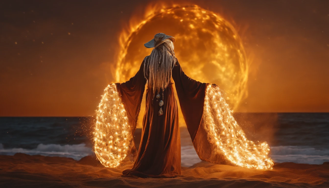 A golden brown skinned female Grim Reaper with white dreadlocks with glowing gold Viking beads, wearing a Rose and Gold houndstooth embroidered robe holding, standing on the sun hurling and thr a huge fireball through earth's magnetic field