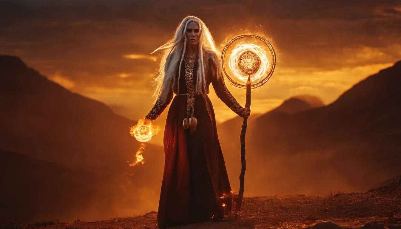 A golden brown skinned female Grim Reaper with white dreadlocks with glowing gold Viking beads, wearing a Rose and Gold houndstooth embroidered robe holding, standing on the sun hurling and thr a huge fireball through earth's magnetic field