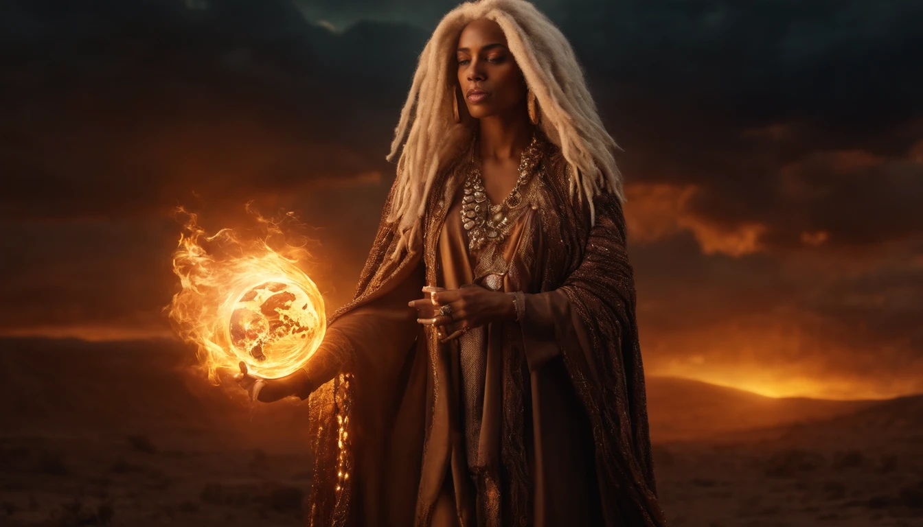 A golden brown skinned female Grim Reaper with white dreadlocks with glowing gold Viking beads, wearing a Rose and Gold houndstooth embroidered robe holding, standing on the sun hurling and thr a huge fireball through earth's magnetic field
