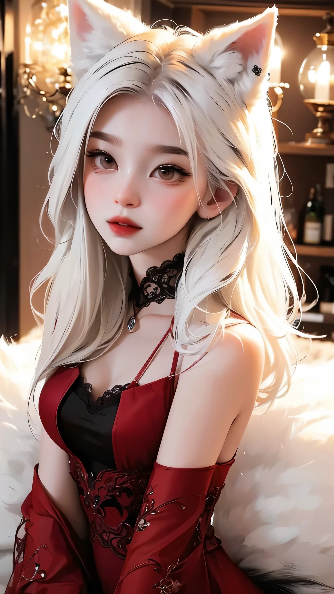 White haired cute anime girl wearing a black and burgundy lace dress with mythical fox tails