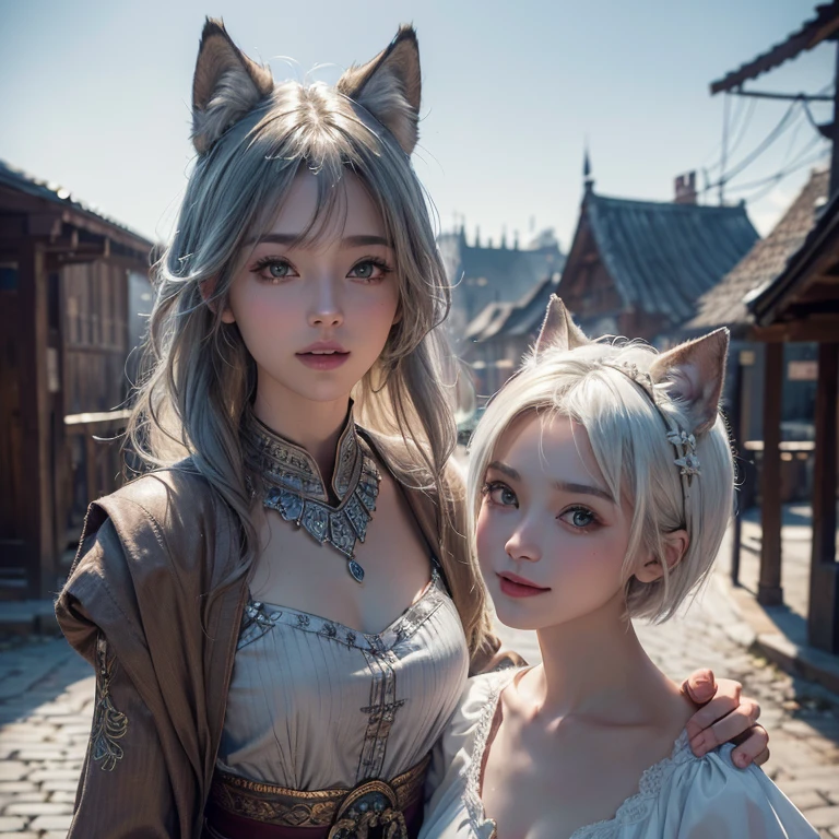 Dark ambiance,old European townde in the background、white wolf、 ((highest quality、masterpiece、8k、best image quality、ultra high resolution、Award-winning work)、(accurate anatomy:1.1)、(look at me and smile:1.1)、Shining fair skin with ultra high resolution、most detailed face、ultra high resolution detailed face、white short hair flowing 、Beautiful face drawn in every detail、(blurred background:1.1)、traditional Georgia man costume, tiny breast, real wolf beside the girl 