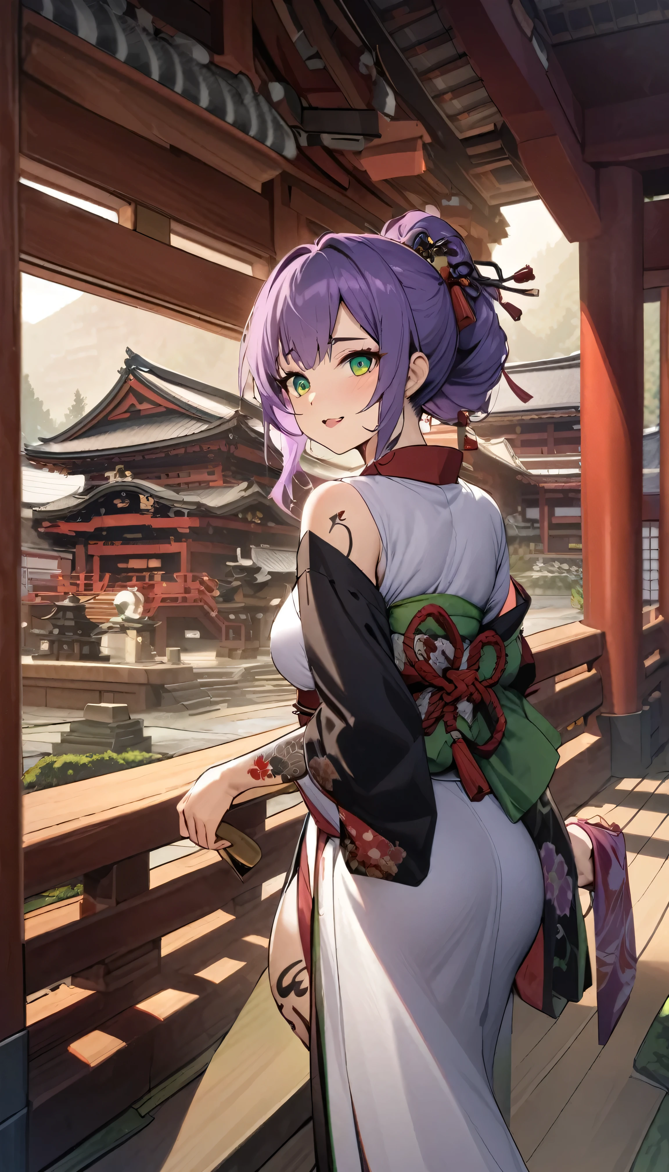 one arafed woman with purple hair and green eyes, japanese tattoo sleeve on her right arm, sfw, japanese temple