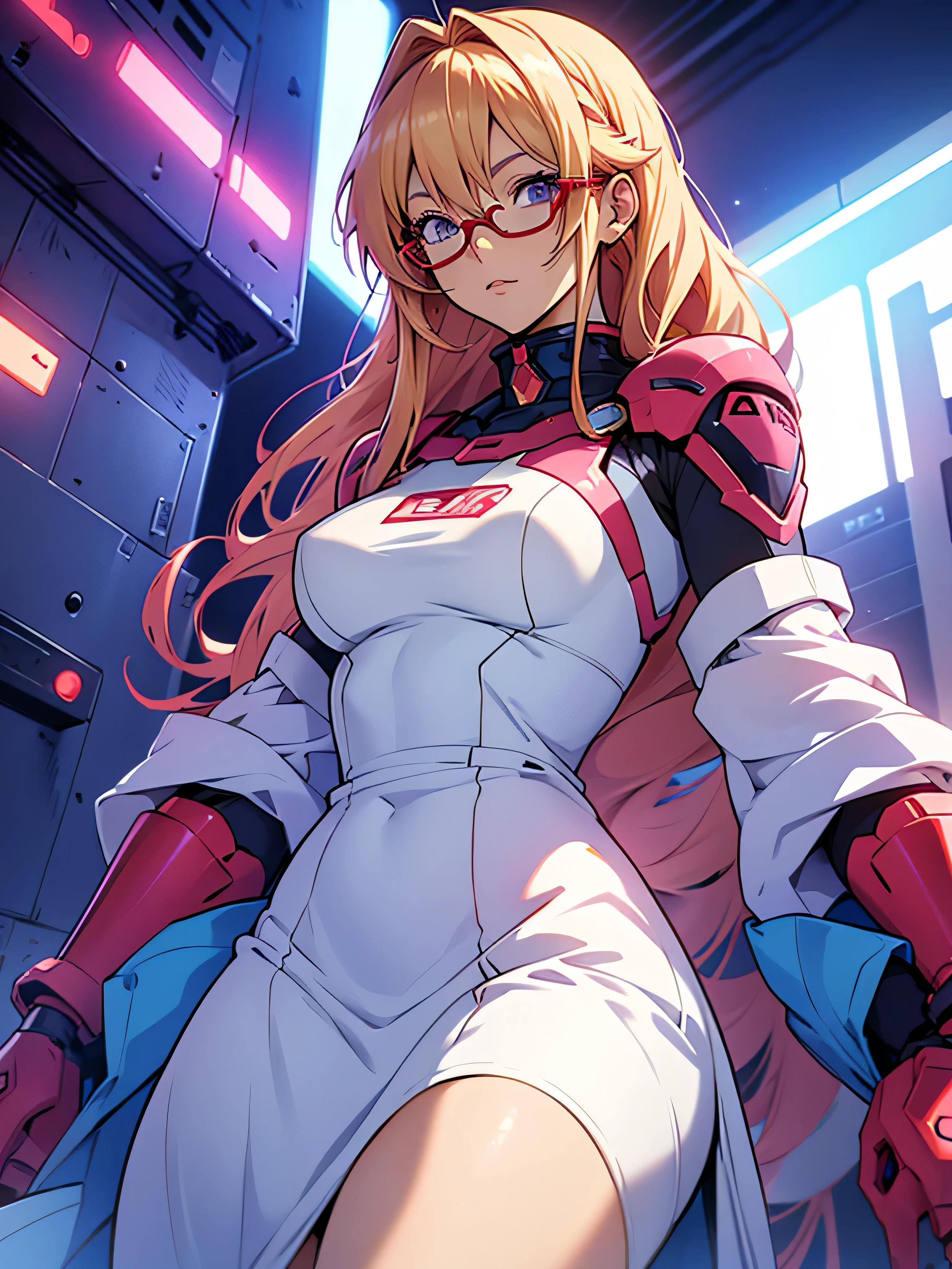 anime,An illustration,purple robot,Mobile Suit,Dom,Light blue check dress,Red glasses,Blonde,Light blue mesh hair,beautiful girl,Sora Sakurano,one person