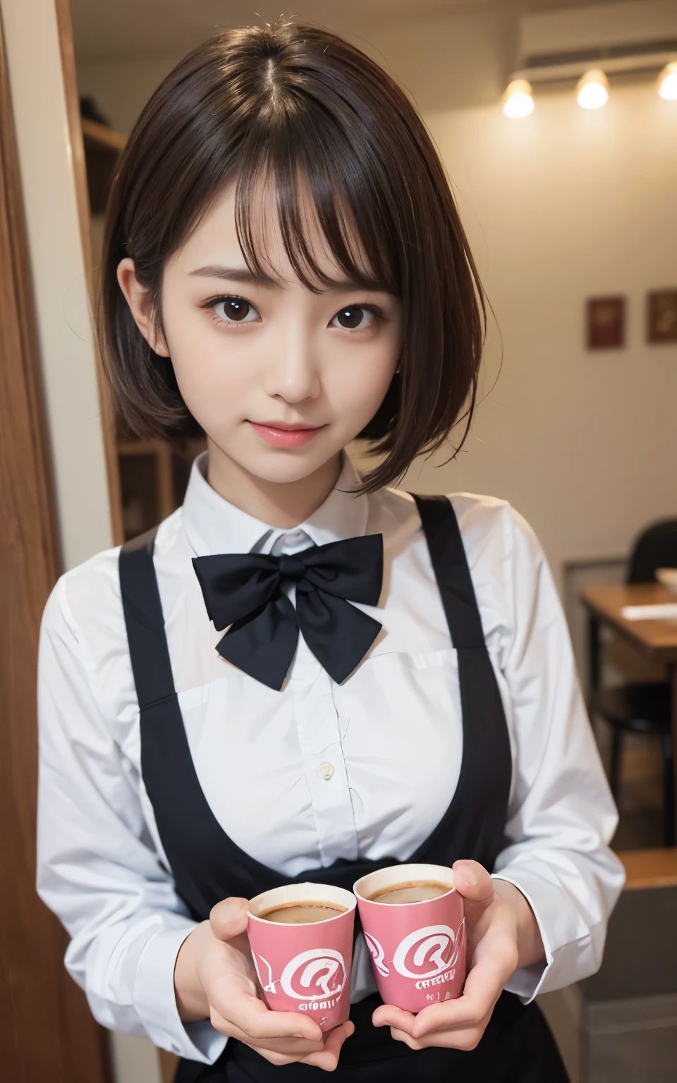 Cute 21 year old Japanese、apron、Black bow tie、Waiter、Cafe、Super detailed face、Attention to detail、double eyelid、Beautiful thin nose、Sharp focus:1.2、Beauty:1.4、(Light Brown Hair、short hair、)、Pure white skin、highest quality、masterpiece、Ultra-high resolution、(Photorealistic:1.4)、Highly detailed and professional lighting、nice smile、Carrying coffee、Please show me your whole body、