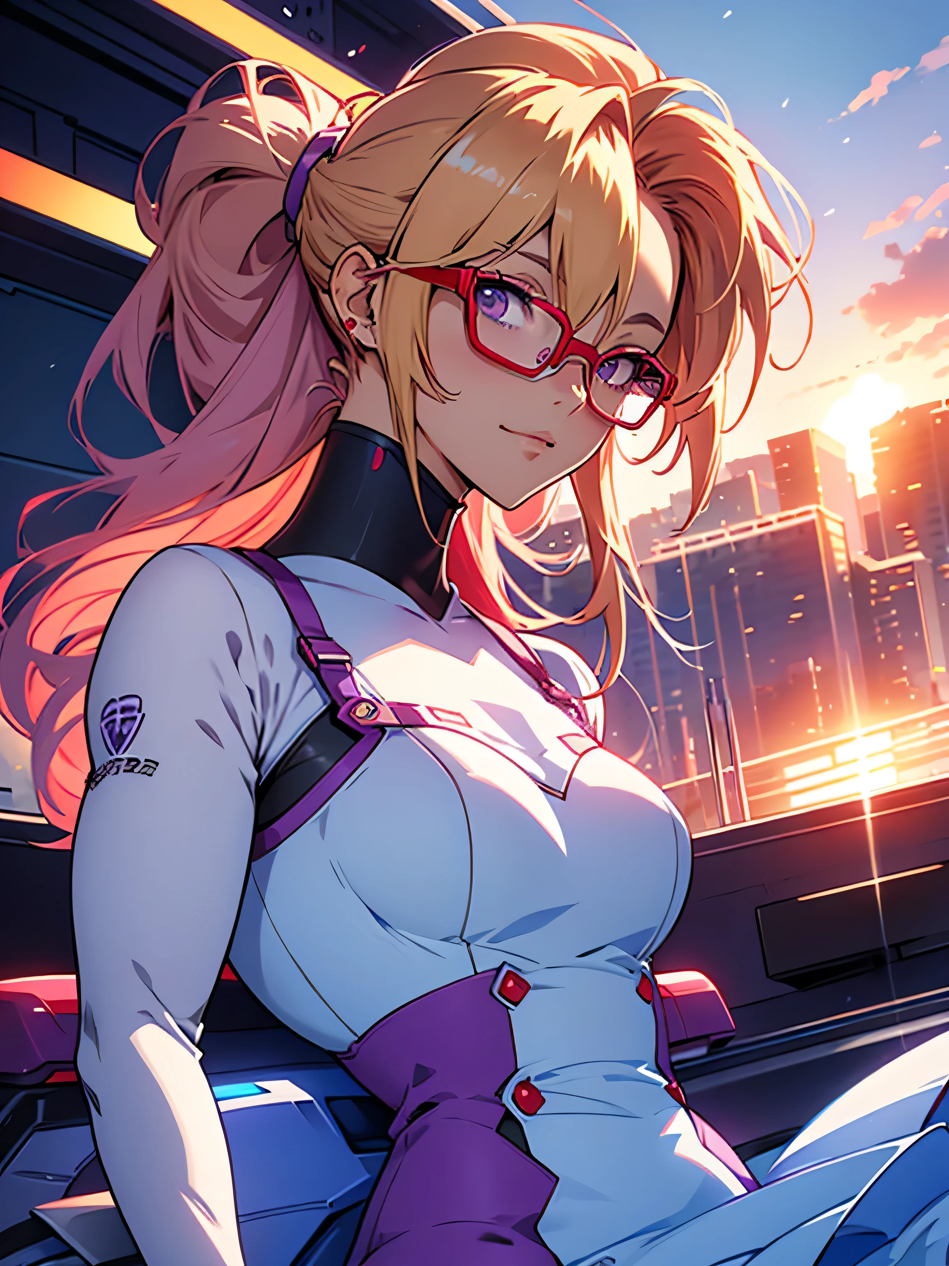 anime,An illustration,purple robot,Mobile Suit,Dom,Light blue check dress,Red glasses,Blonde,Light blue mesh hair,beautiful girl,Sora Sakurano,one person