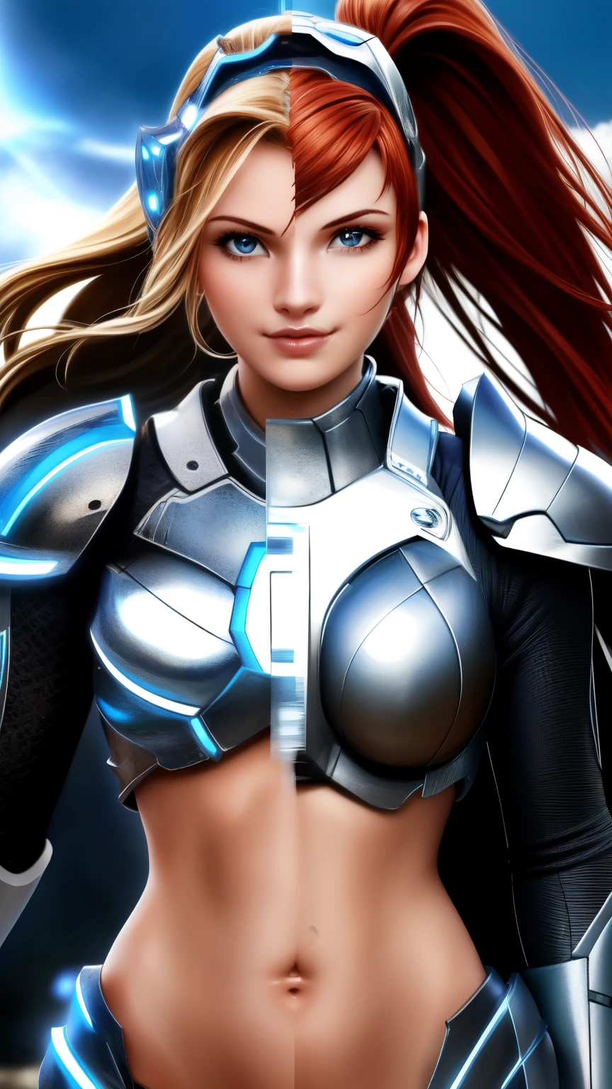 SplitScreen, split screen, Nova2, 1girl, solo, smirk, realistic, headgear, breastplate, armor, navel, ((beautiful, masterpiece, best quality,perfect lighting,))