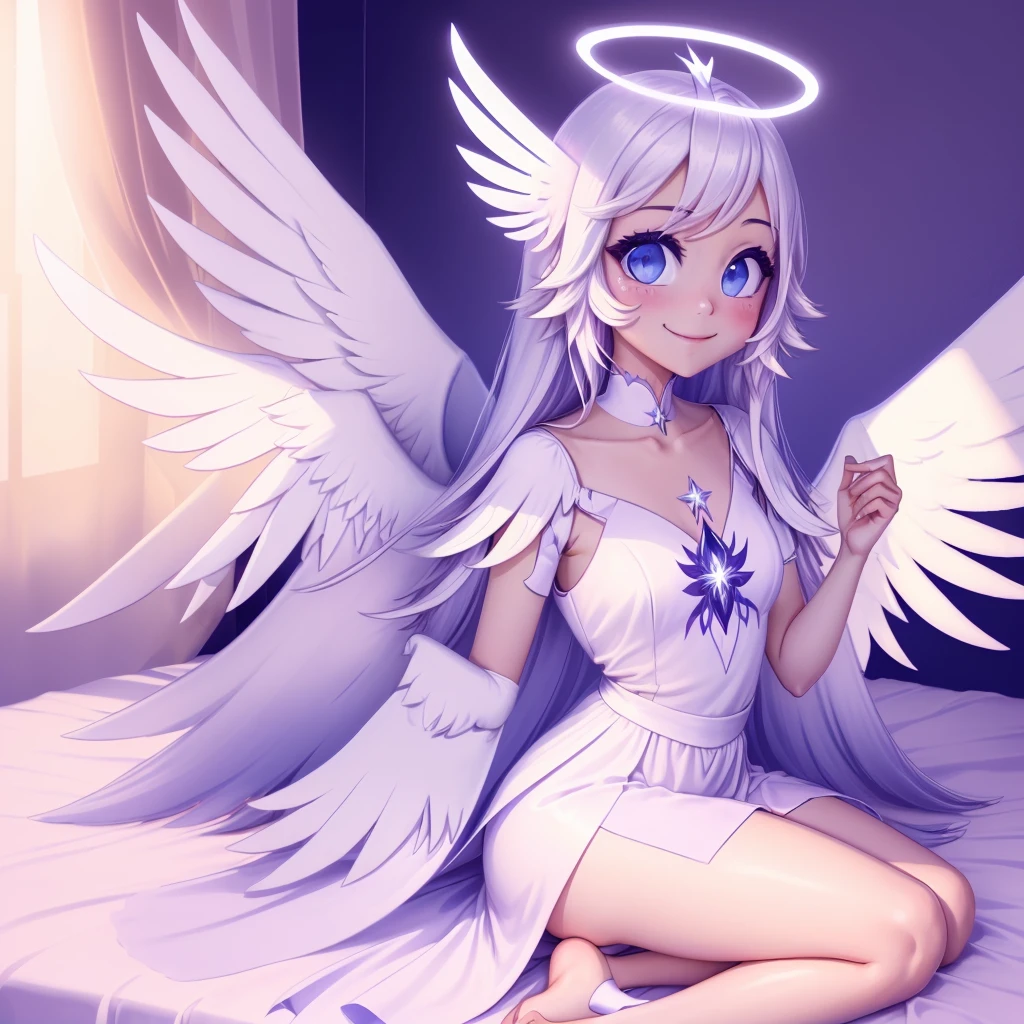 anime girl with angel wings sitting on a bed in a room, posiblemente un angel, angelical purity, of an beautiful chica Angel, glowing angelical being, angelical, angelical and unsettling, Commission CO, chica Angel, angelicalal, majestic full body angel, an angel of dawn light, ella tiene ojos blancos!!!, angelical halo, sonriendo como una reina de hadas, Focus feet.