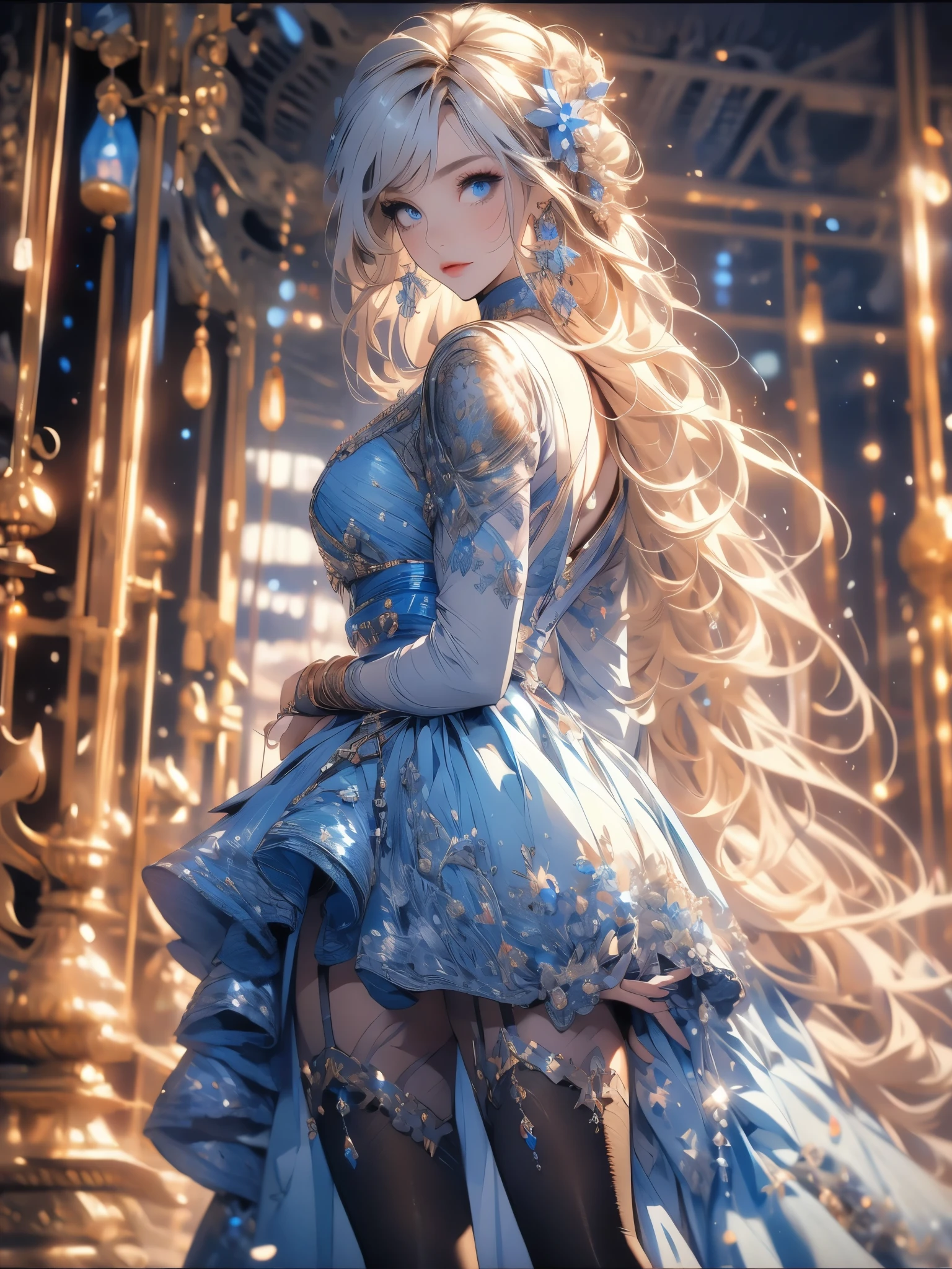 ((8k,masterpiece, best quality, highres)) ultra-detailed, beautiful, full-body shooting,Realistic eyes,perfect face,beauty,perfect body,1girl,voluptuous_body,narrow_waist,parted lips,thin and tall,Illustrate a female knight holding katana with long silver hair and blue eyes wearing a fusion of Japanese and Chinese-style dress armor, standing amidst mysterious ancient ruins in a fantasy setting.