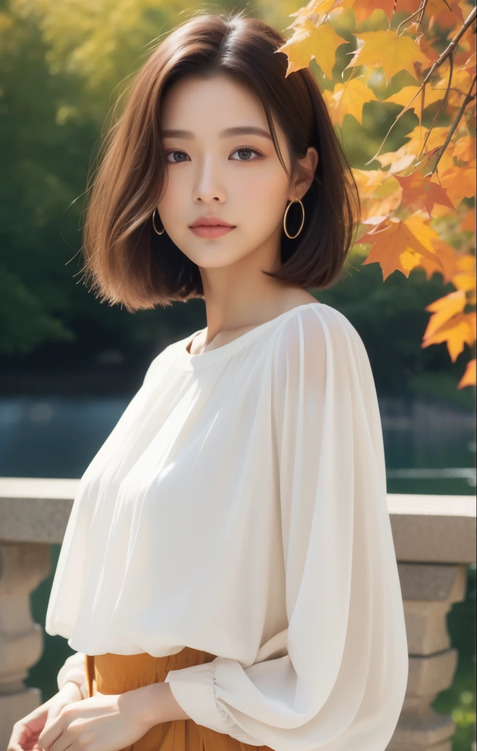 The season is autumn、Colorful autumn leaves(Top quality、high resolution、masterpiece)、Short hairstyle 、Japanese women、Beautiful slim woman、(Top quality、high resolution、masterpiece:1.3)、Long sleeve transparent top、Mini skirt、outdoor、、Lake and mountains in the background、Face and skin texture details are beautifully rendered、The eye for details、Beautiful slim woman、Outdoor、Beautifully rendered face and skin texture details、Double eyelids