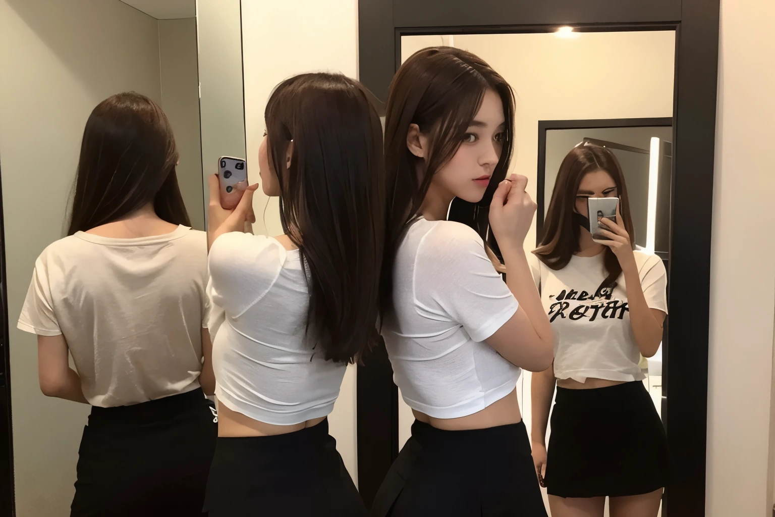 Japanese Beauty、Brown Hair、T-Shirts、Black mini skirt、Back view、Selfie、Reflection in the mirror、