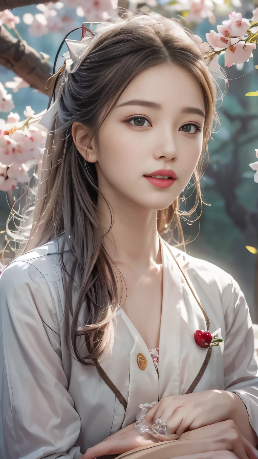 ((Girl sitting on a row of cherry trees)),Top quality work，Real work，Super premium graphics card，8K HD CG Works，High-quality graphics，HD CG works，10x pixel，Super fine details：1.1，Advanced technical details：1.1 Realistic，室内Lighting Effects：1.5，Natural light：1.5. Lighting Effects（virtual Lighting Effects：1.8），Ultra-high resolution，shining red dress，長いSilver Hair，Silver Hair，Transparent hair，High Detail Hair（High-quality hair details：1.1）Clear eyes，Beautiful double eyelids，Sharp eye makeup, Exquisite eyelash makeup, thin eyebrows, Very detailed eyes，high nose, Beautiful red lips, Rosy Cheeks, A face with delicate makeup , Cute face, Perfectly proportioned face,（Advanced  details：1.1），shining，wonderful dress，Red Series，(White Blazer) 、(White shirt)、(Red bow tie)、(Check the skirt)、（My skirt flutters in the wind)、White underwear clearly visible、Girls 、photo shoot，Miss&#39;artwork，Full body picture，realism，wonderful，My eyes sparkle today、(Smile),(Cherry blossom petals flying)、((In the flower sea feast))、(Smile),