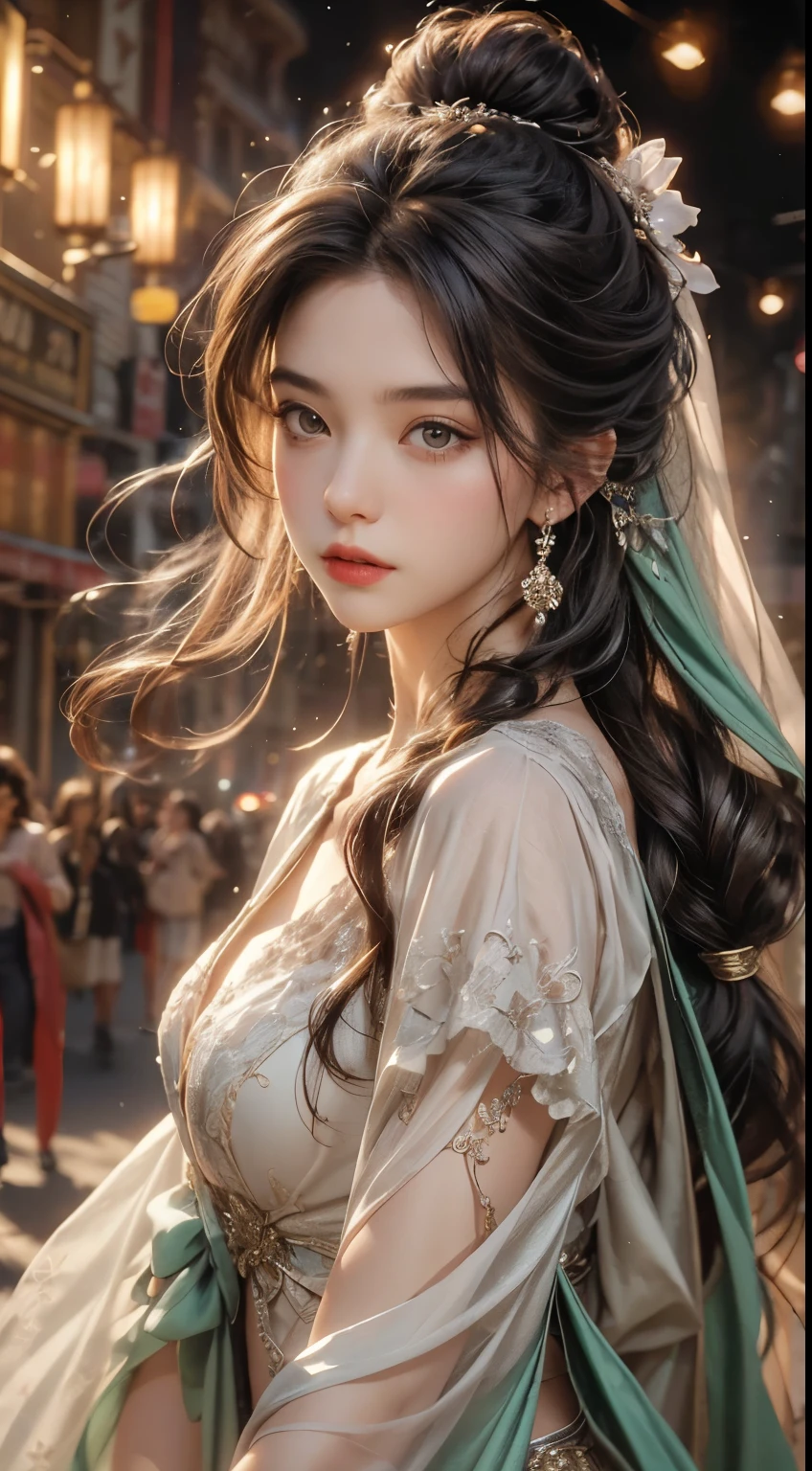 A girl with long messy hair stands in front of a world-famous theater. The theater is a super-detailed CG unified 8k wall, Featuring stunning architectural details and vibrant colors. girl&#39;flowing knotted hair, Add a touch of natural beauty to the scene. The lights in the cinema are like watching a movie, Warm soft light illuminates the girl&#39;s face. Has subtle lens flare，Add drama to images. This girl has a cute and delicate appearance, It has beautiful delicate eyes and lips. Overall image quality is of the highest standard, Featuring ultra-detailed textures and intricate details. This is a masterpiece of the perfect fusion of art and technology.