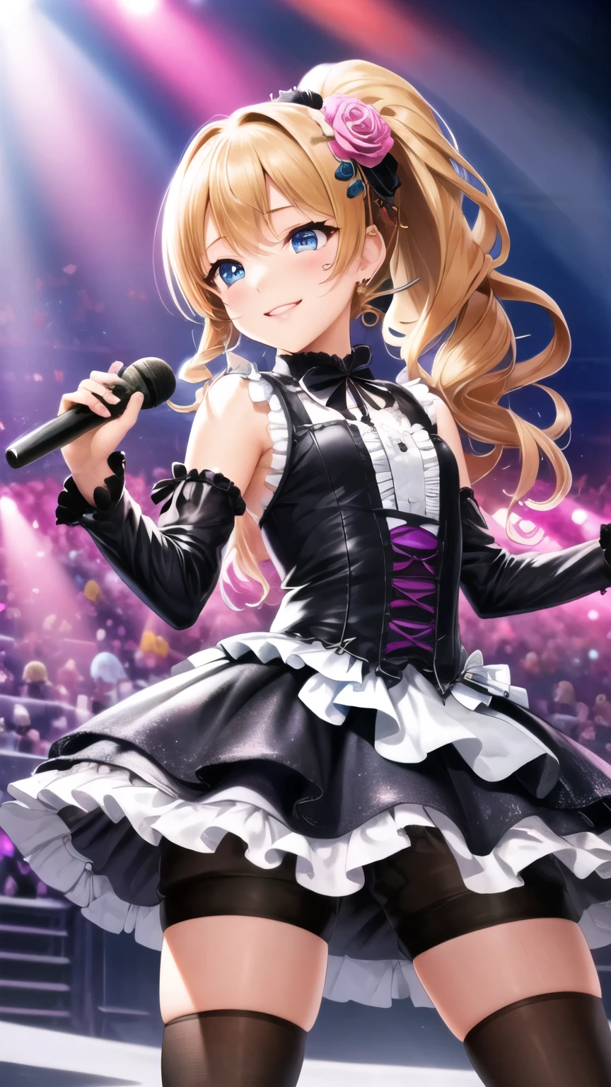 masterpiece, highest quality, High resolution, Arisa, Long Hair, ponytail, Blue eyes, Earrings, Rose, Hair Flowers, For Mini, Sleeveless, Frill dress, Black Dress, Gothic, Bring your tools, guitar, stage, smile,