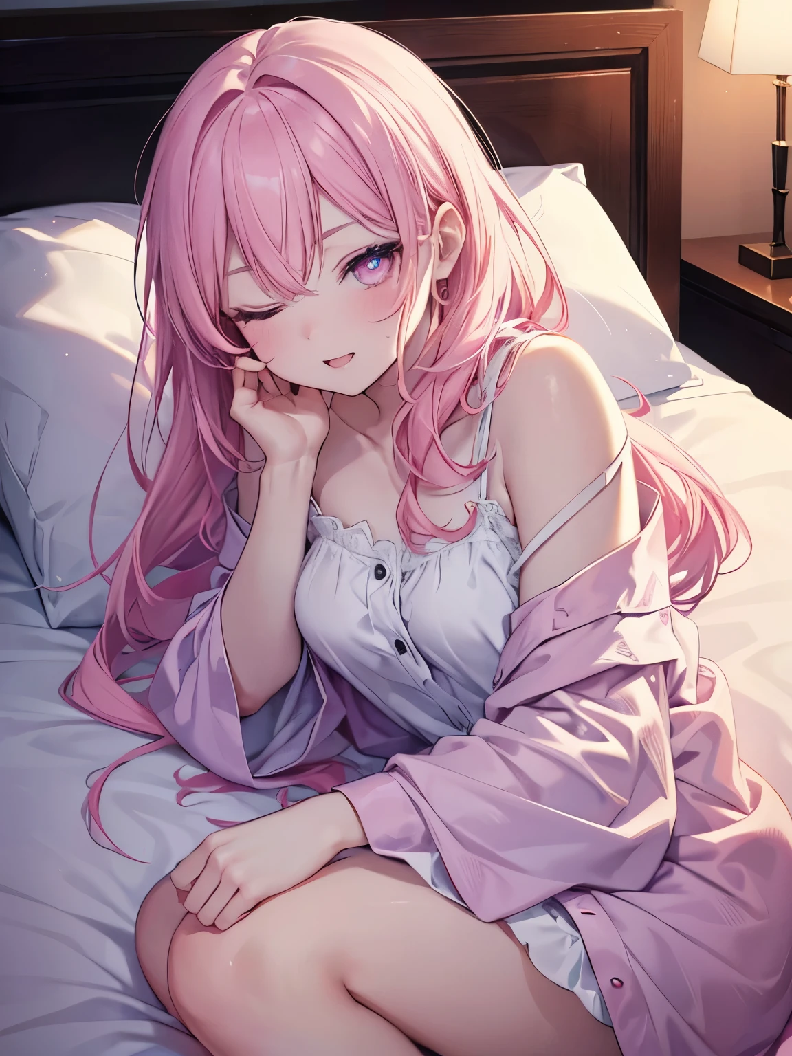 masutepiece, Highest Quality, (Perfect face:1.1), (high detailing:1.1), (ultradetailed eyes),(looking away:1.4), Dramatic, superfine illustration, Extremely detailed,1girl in, ager,(pale skin), Happy, Laugh, Enjoy, pinkhair,gloweyes,pink eyes,Ethereal eyes, with heart-shaped eyes,one eyes closed,open mouth,smile,Solo,Pouty lips,Cinematic lighting,cowboy shot, pajamas,indoor,bedroom, lying down,midnight