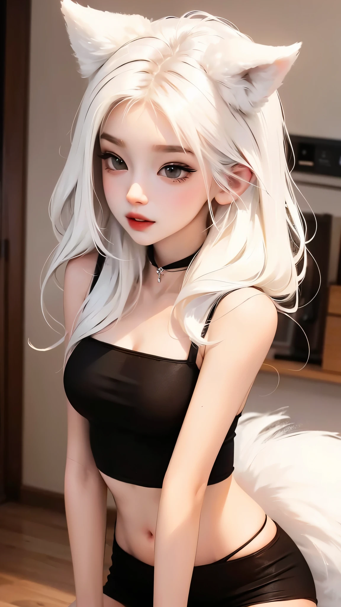 White haired cute anime girl wearing a black croptop and black booty shorts with mythical fox tails