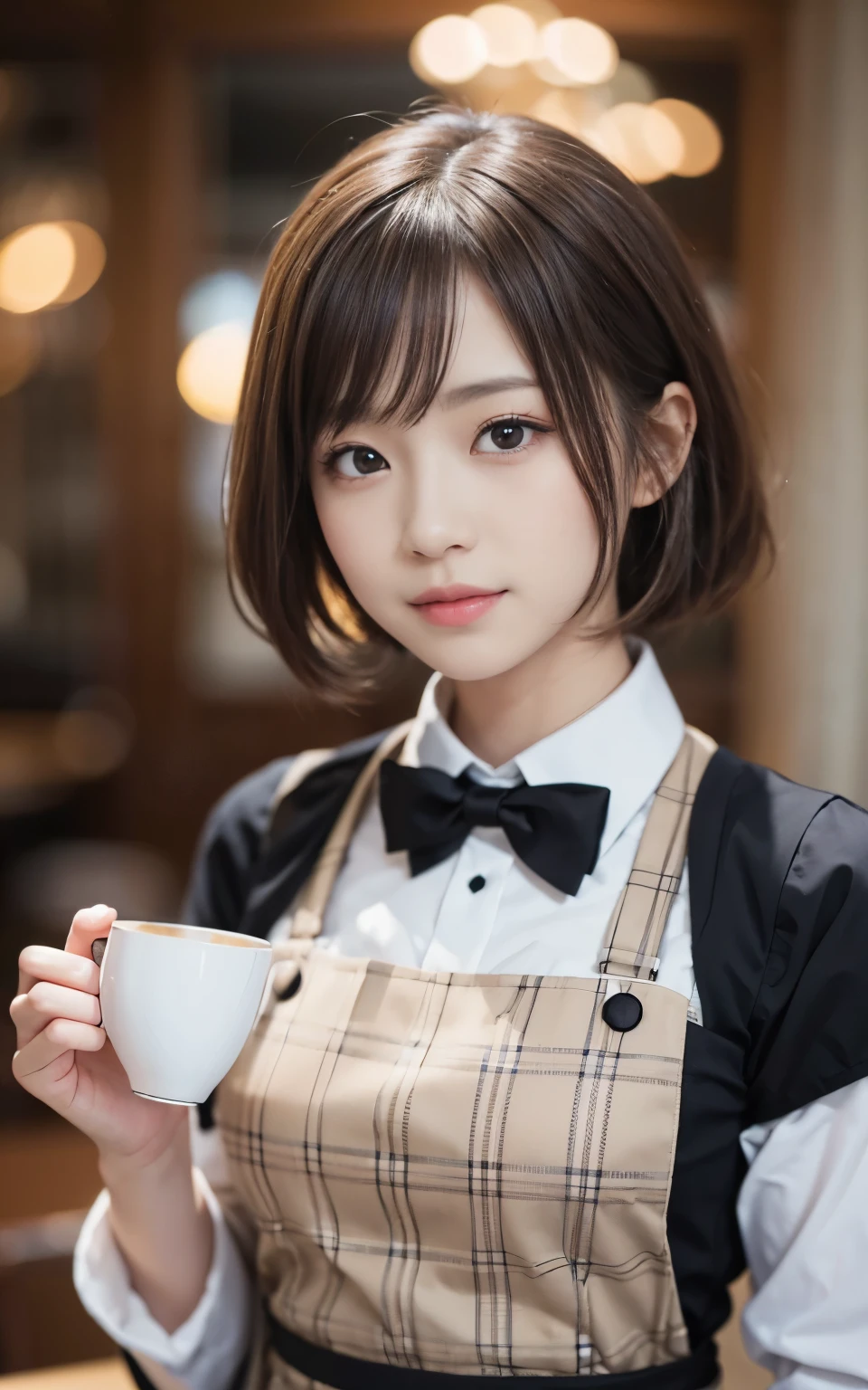 Cute 21 year old Japanese、apron、Black bow tie、Waiter、Cafe、Super detailed face、Attention to detail、double eyelid、Beautiful thin nose、Sharp focus:1.2、Beauty:1.4、(Light Brown Hair、short hair、)、Pure white skin、highest quality、masterpiece、Ultra-high resolution、(Photorealistic:1.4)、Highly detailed and professional lighting、nice smile、Carrying a teacup、Please show me your whole body、
