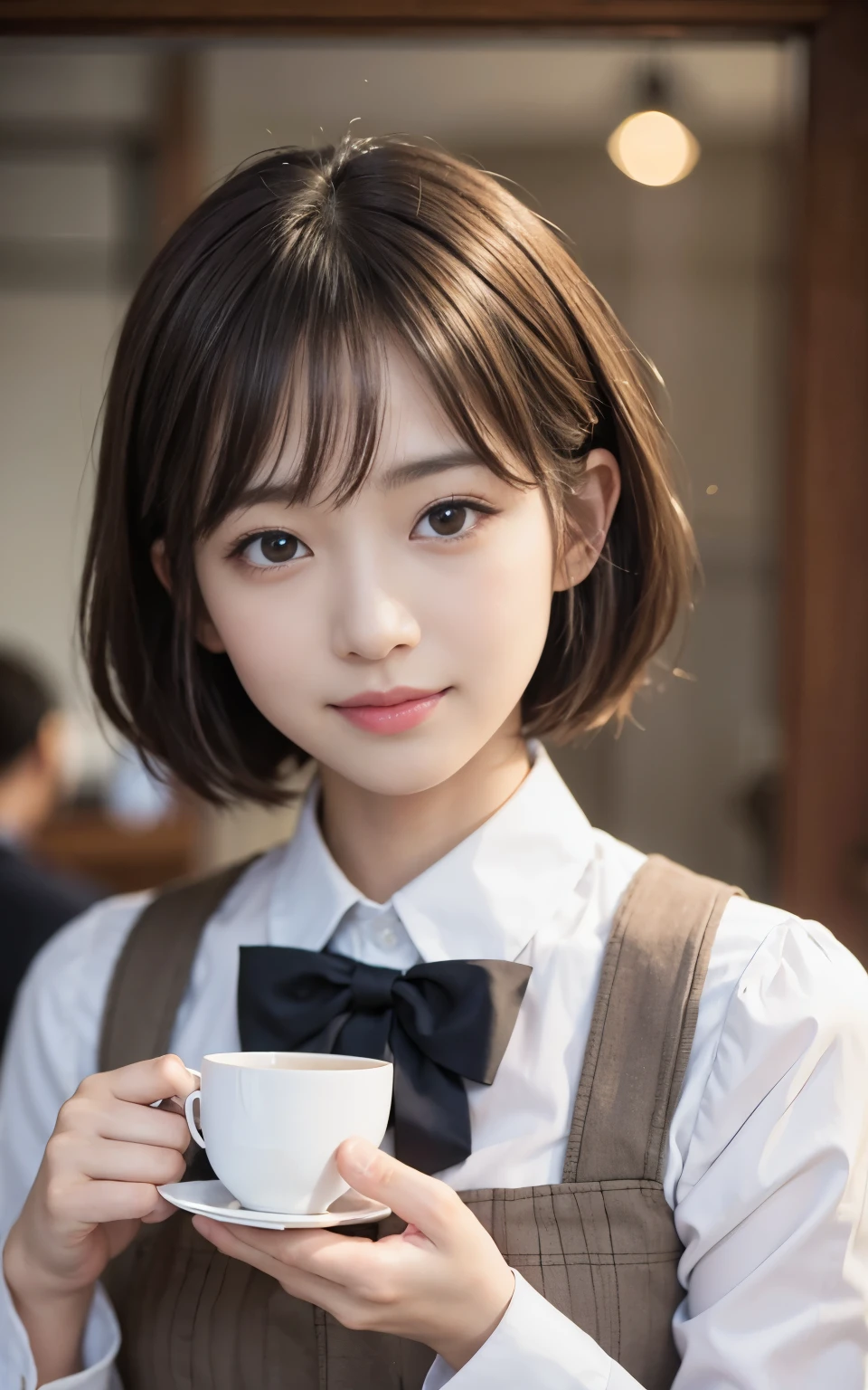 Cute 21 year old Japanese、apron、Black bow tie、Waiter、Cafe、Super detailed face、Attention to detail、double eyelid、Beautiful thin nose、Sharp focus:1.2、Beauty:1.4、(Light Brown Hair、short hair、)、Pure white skin、highest quality、masterpiece、Ultra-high resolution、(Photorealistic:1.4)、Highly detailed and professional lighting、nice smile、Carrying a teacup、Please show me your whole body、
