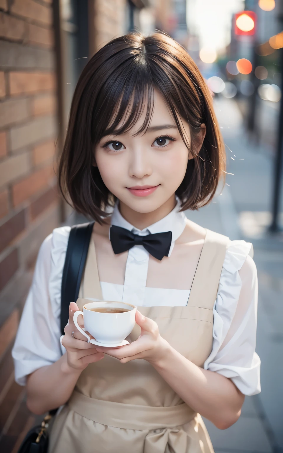 Cute 21 year old Japanese、apron、Black bow tie、Waiter、Cafe、Super detailed face、Attention to detail、double eyelid、Beautiful thin nose、Sharp focus:1.2、Beauty:1.4、(Light Brown Hair、short hair、)、Pure white skin、highest quality、masterpiece、Ultra-high resolution、(Photorealistic:1.4)、Highly detailed and professional lighting、nice smile、Carrying a teacup、Please show me your whole body、