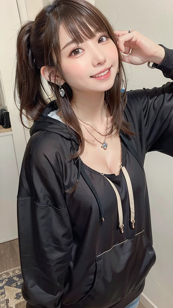 , huge, Twin tails, Brown Hair, hoodie, Vintage Gothic, Pause, cute, Looking up, high quality, necklace, ring, bracelet, Earrings,smile