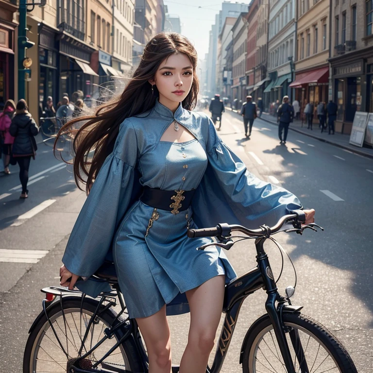 as a high-resolution image of an ancient bicycle in the bustling streets of Baker Street. The bicycle showcases intricate details and a vintage aesthetic, capturing the essence of the bygone era. The rider, with hair flowing in the wind, exudes a sense of freedom and joy as they confidently maneuver through the busy street.
The emphasis is on the highest quality, with the image crafted to be a masterpiece in itself. It boasts an 8K resolution, allowing for every intricate detail to be captured and displayed flawlessly. The image quality is unparalleled, offering a visually stunning experience for the viewer. The overall image radiates an award-winning aura, showcasing the skill and artistry involved in its creation.
The rider's anatomy is depicted with utmost accuracy, showcasing the human body's form and movement. Their expressive eyes invite the viewer's attention, smiling brightly to create a warm and engaging atmosphere. The shining fair skin of the rider is meticulously rendered in ultra-high resolution, highlighting every subtle texture and nuance.
The face is the centerpiece of the image, drawn with meticulous attention to detail. Every contour, feature, and expression is captured with utmost precision. The viewer can immerse themselves in the ultra-high resolution detailed face, marveling at the lifelike portrayal. The eyes, in particular, are a captivating focal point, shimmering with a stunning level of detail and realism.
To add depth and visual interest, the background is slightly blurred, placing the main focus on the rider and the bicycle. This creates a sense of motion and highlights the subject's presence within the bustling streets. The ancient Islamic clothes worn by the rider lend an exotic flair, enhancing the overall aesthetic of the image. A chest tattoo further adds to the rider's enigmatic charm, symbolizing their intriguing persona.
The color palette of the image is carefully selected to evoke a nostalgic and timeless atmosphere. Warm a