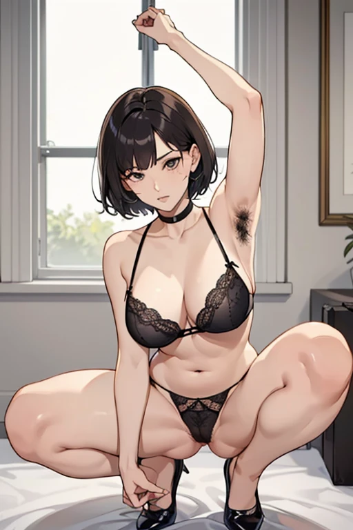 Only One Woman、short hair、Black Lingerie、Lace Lingerie、、Spread your legs、Squat、Armpit hair、Hairy armpits