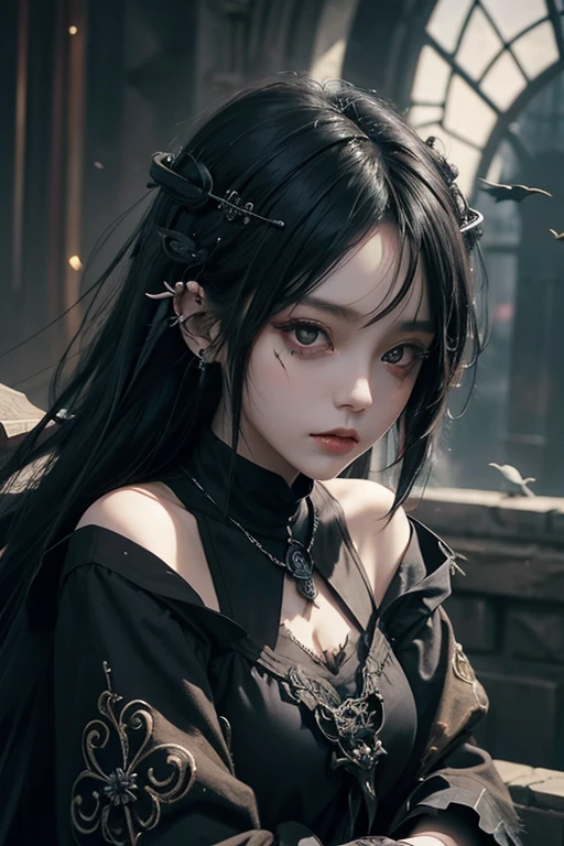 there is a woman with a bird on her shoulder, with long hair and piercing eyes, dark fantasy mixed with realism, 1 7 - year - old anime goth girl, cute face. dark fantasy, raven black hair, black hair and large eyes, by Yang J, artwork in the style of guweiz, dreamy gothic girl, with a crow on her shoulder