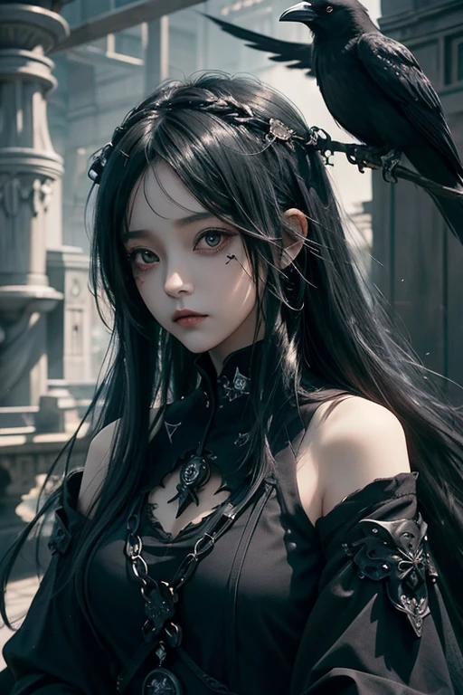 there is a woman with a bird on her shoulder, with long hair and piercing eyes, dark fantasy mixed with realism, 1 7 - year - old anime goth girl, cute face. dark fantasy, raven black hair, black hair and large eyes, by Yang J, artwork in the style of guweiz, dreamy gothic girl, with a crow on her shoulder