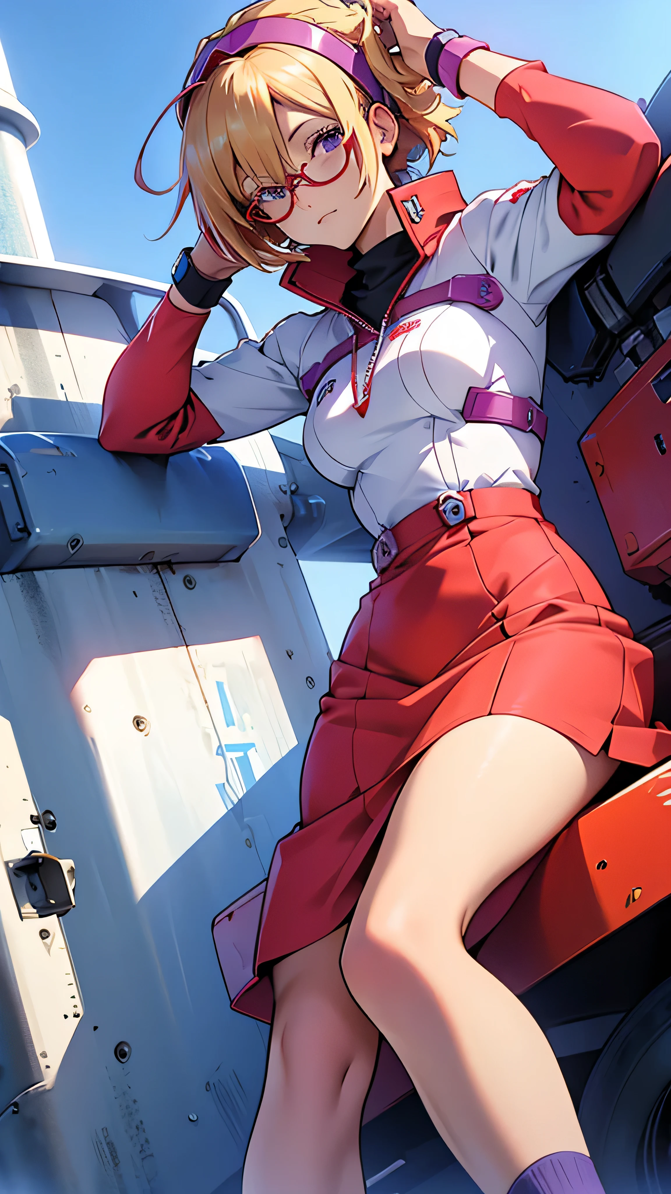 anime,An illustration,purple robot,Mobile Suit,Dom,Light blue check dress,Red glasses,Blonde,Light blue mesh hair,beautiful girl,Sora Sakurano,one person