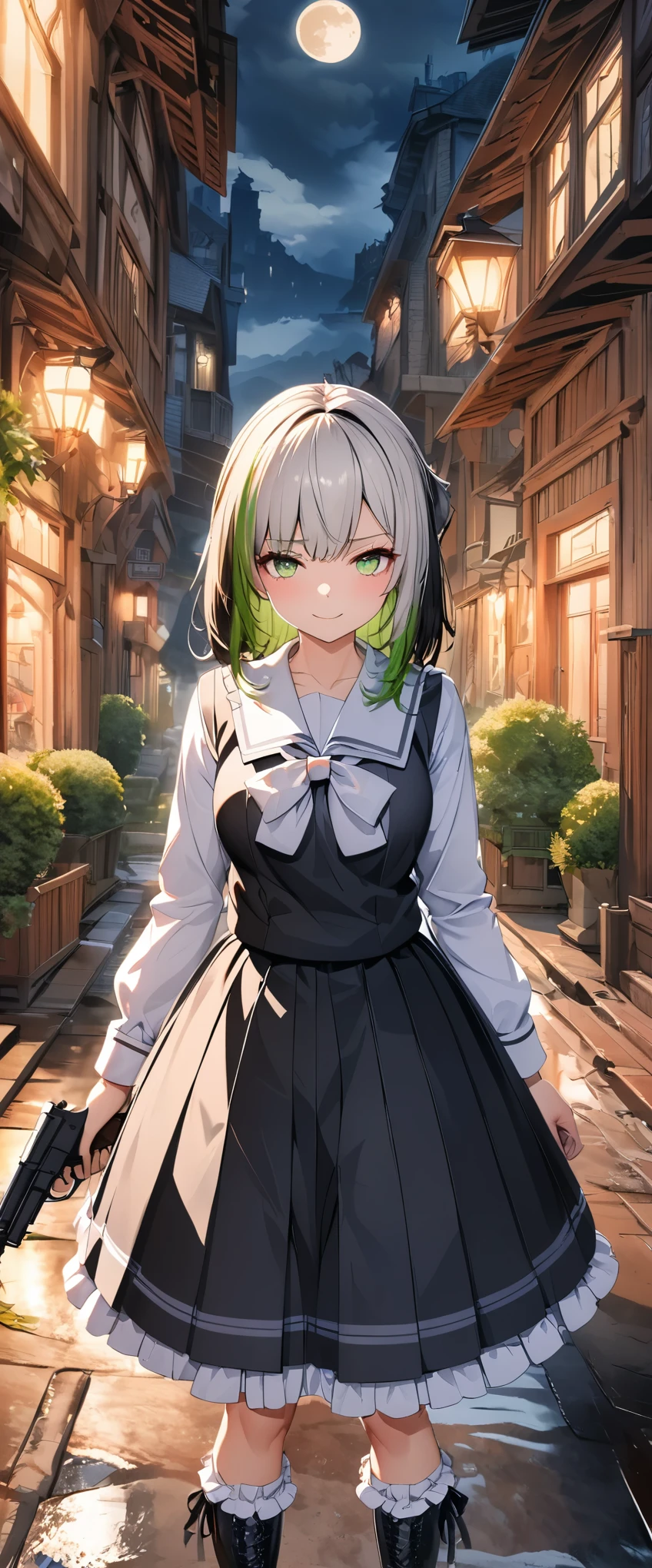 Green Eyes Top Quality Ultra Detailed,Unity 8K wallpaper,Embarrassing,(Goethe Lolita school uniform:1.2),((Double Diamond)),Full moon night,((watercolor)),whole body,((Glowing eyes:0.8)),beautiful girl,Silver Hair,,Woven boots,town,City,Black Hair, ((Highlight hair,Red streaked hair)),Holding a gun