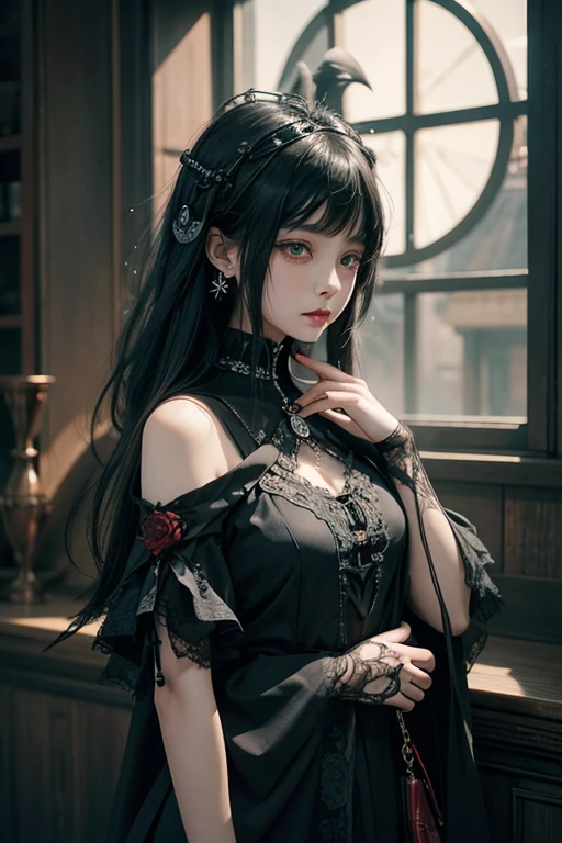 Highest quality、8K、masterpiece:1.3、Gothic Punk、The inside is red、Black-haired、hair ornaments、Beautiful girl、creative、Dark Fantasy Style、Neogoth、Goth Fashion:1.2、Yellow Eyes、I can see the fangs、Castle at night