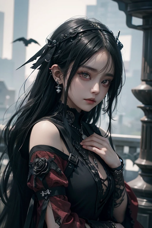 there is a woman with a bird on her shoulder, with long hair and piercing eyes, dark fantasy mixed with realism, 1 7 - year - old anime goth girl, cute face. dark fantasy, raven black hair, black hair and large eyes, by Yang J, artwork in the style of guweiz, dreamy gothic girl, with a real crow on her arm, red rose, red gorgeous accessories