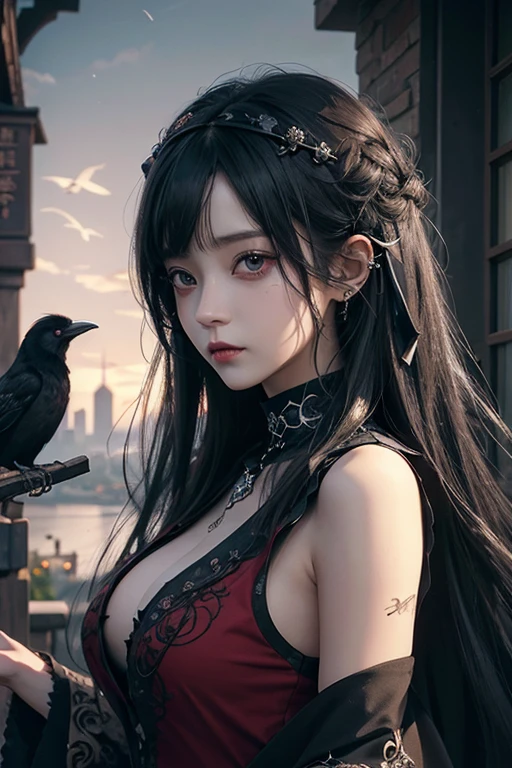 there is a woman with a bird on her shoulder, with long hair and piercing eyes, dark fantasy mixed with realism, 1 7 - year - old anime goth girl, cute face. dark fantasy, raven black hair, black hair and large eyes, by Yang J, artwork in the style of guweiz, dreamy gothic girl, with a real crow on her arm, red rose, red gorgeous accessories