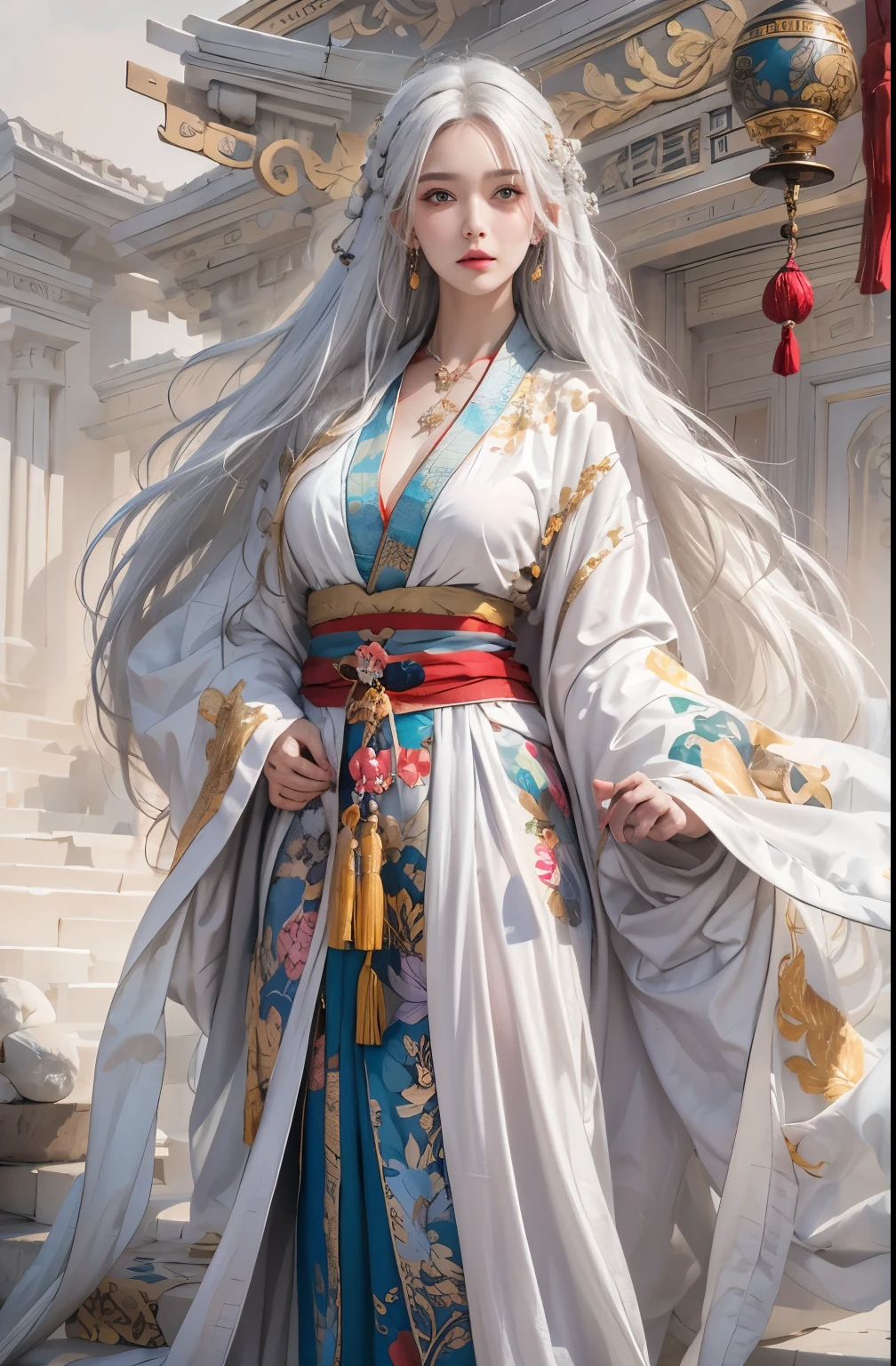 Reality, high resolution, Soft lighting, 1 female, Solitary, Hips up, Look at the audience, (Delicate face), white hair, Long hair, Colorful robes,Oversized clothes, Travel portraits, jewelry