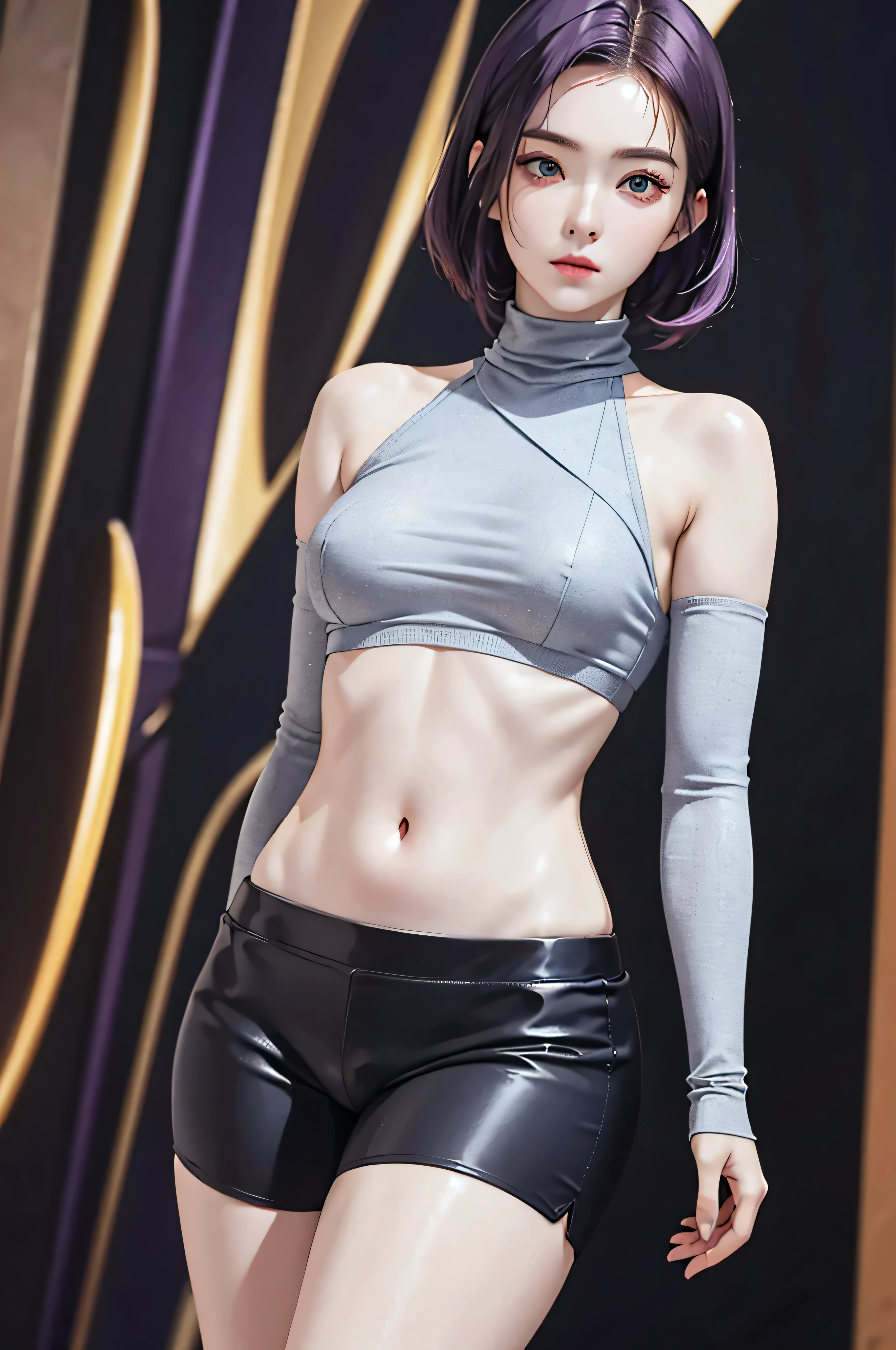 (Finest quality)),(A high resolution),(ultra-detailled art),(Meticulous portrayal),((Best Anime)),(Finest works of art),sharpness,Clear,Ultra-Precision Art,The art of astounding depiction, (Female Ninja in the Dark:1.3),
short Hair, purple hair, vibrant purple hair, extremely detailed hair, detailed bangs, with bangs, short hair only,
pretty face, beautiful lips, soft lips,pretty face, close up face,serious face, pretty nose, beautiful nose,
pretty eyes, beautiful eyes, detailed eyes, perfect eyes, green eyes,
korean girl, korean beauty, irene, red velvet irene,
clear skin, clear skin, white skin, soft skin, slim body, small breasts, detailed skin, detailed thighs, show navel, detailed arms,
Ninja clothing, Ninja outfit, gray cycling shorts, dark gray halter top, white turtle neck, detailed halter top turtleneck, thick halter top turtle neck, dark gray arm sleeves, detailed sleeves, cover breasts, cover neck,
looking at camera,
dark gray shorts, detailed dark gray shorts,
standing, cool pose,
super low-angle shot, looking down,