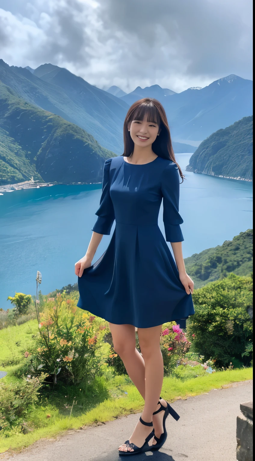 masutepiece, Best Quality, hight resolution, 1 Beautiful woman in a dark blue dress,fullbody image,Smile (In the mountains with a view of the sea),fullbody image,Very good image,