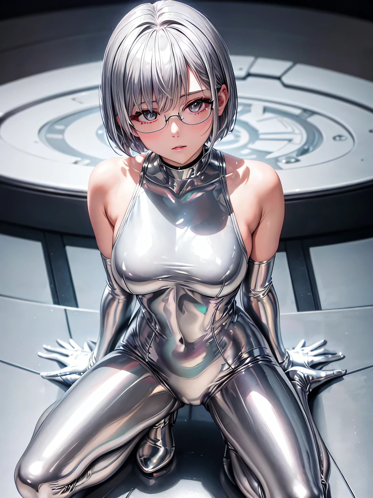 Highest quality 8K UHD、Mastepiece、Close-up、short hair、Looking down from above、Wide-open legs、Squatting with legs apart、Silver Hair、Glasses、Shiny silver tights、A beautiful woman wearing a full-body silver metallic suit、Full body silver metallic rubber suit